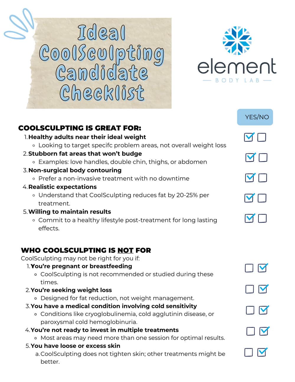 Checklist of ideal candidates and exclusions for CoolSculpting